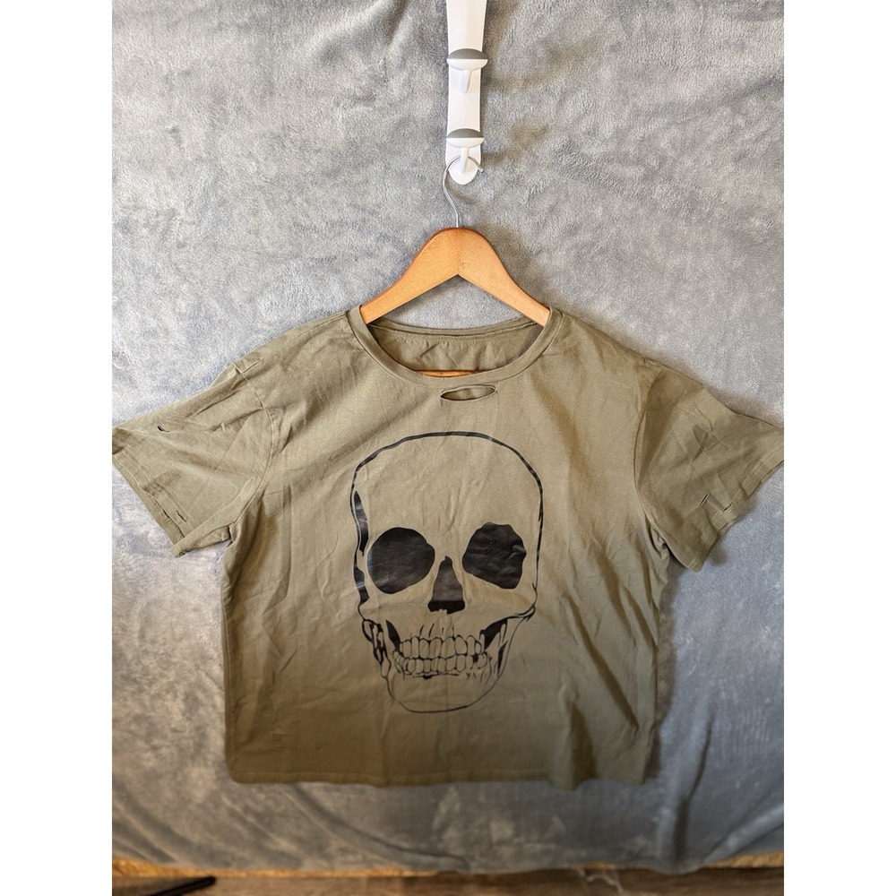 Unisex Green Skull Graphic Print Distressed Crew Neck Short Sleeve Tee XXL